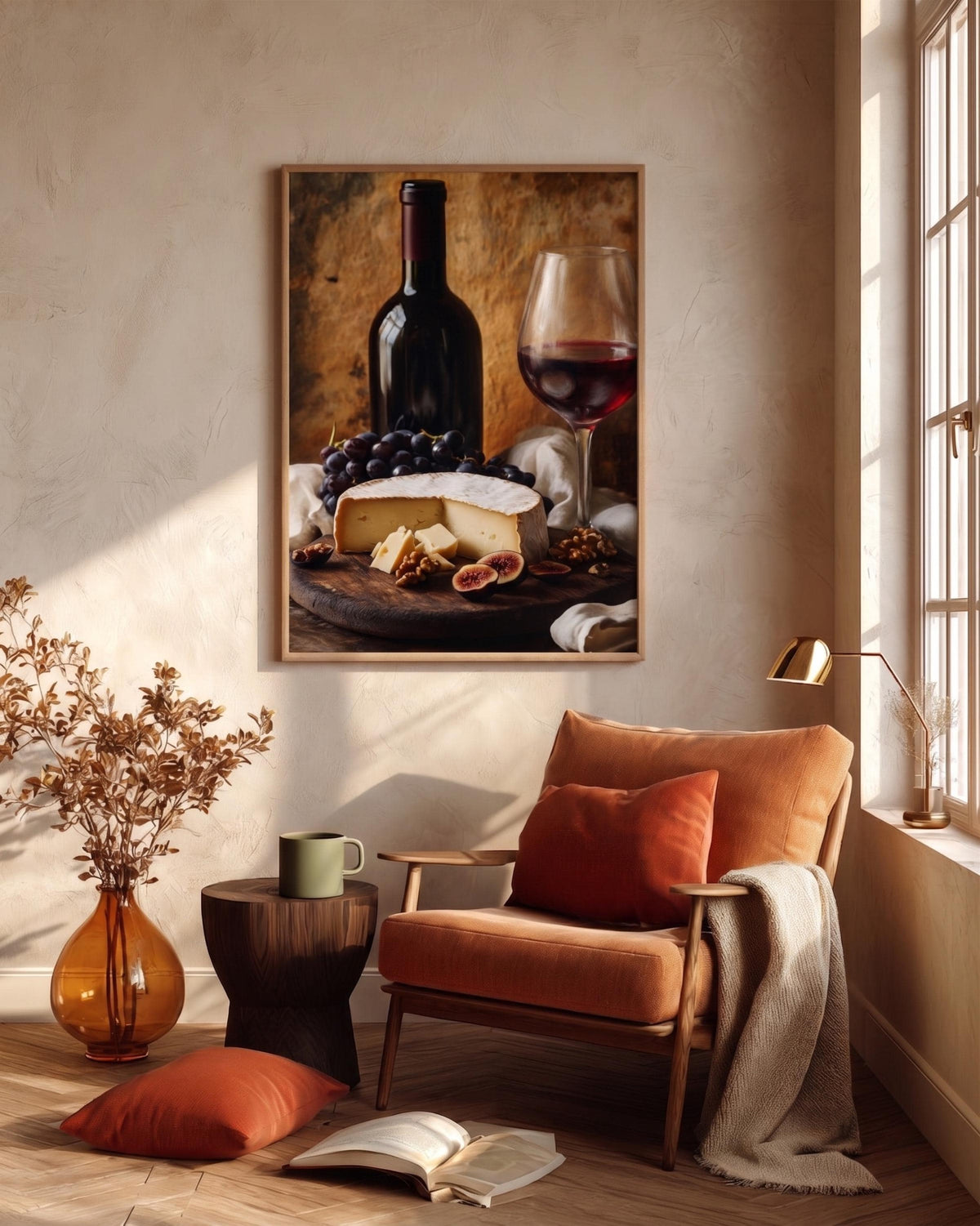 Oil-painting style board of Italian cheeses in warm amber tones, made to order