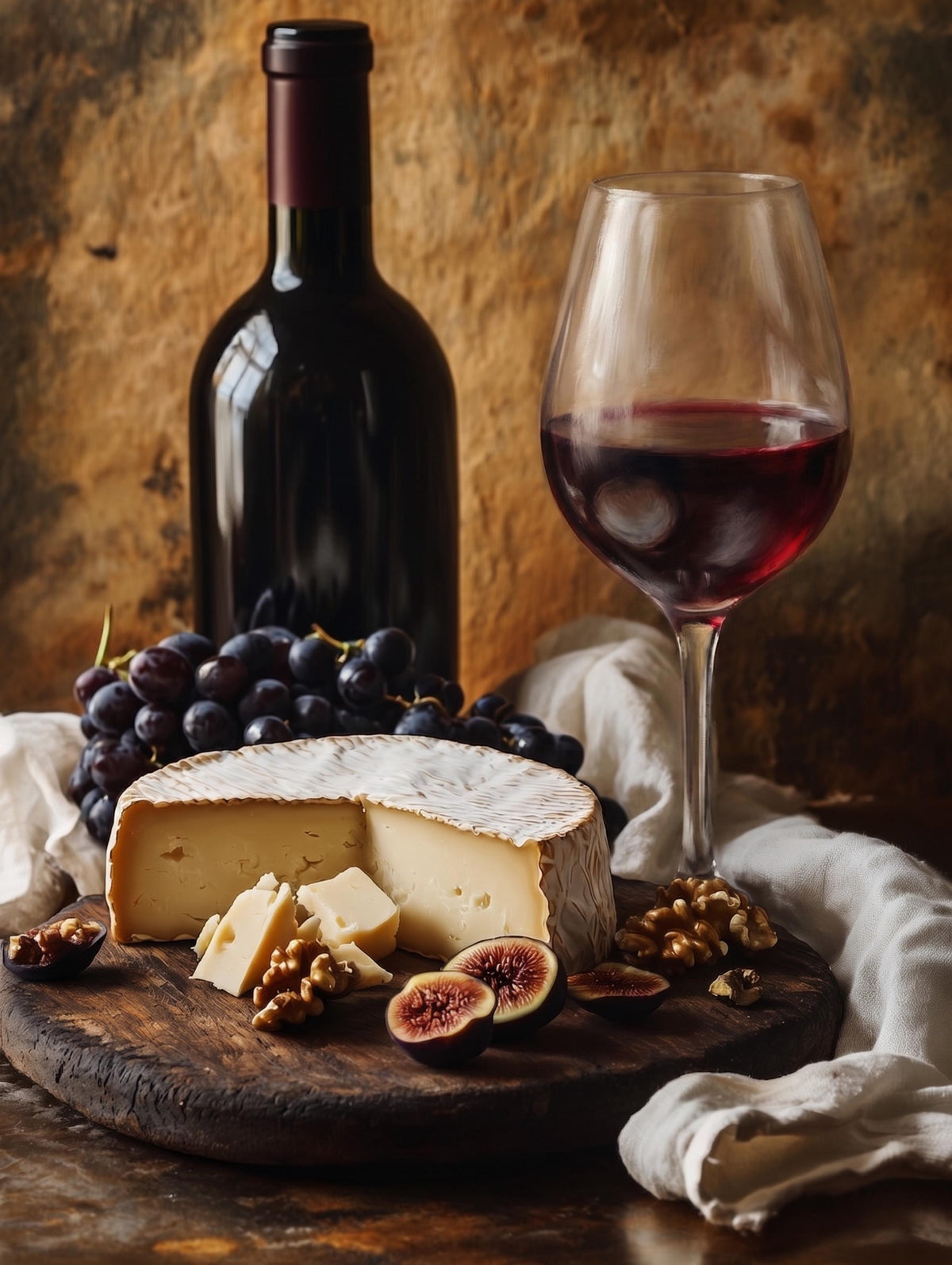 Painterly still life of cheese, bread and red wine set out for hosting