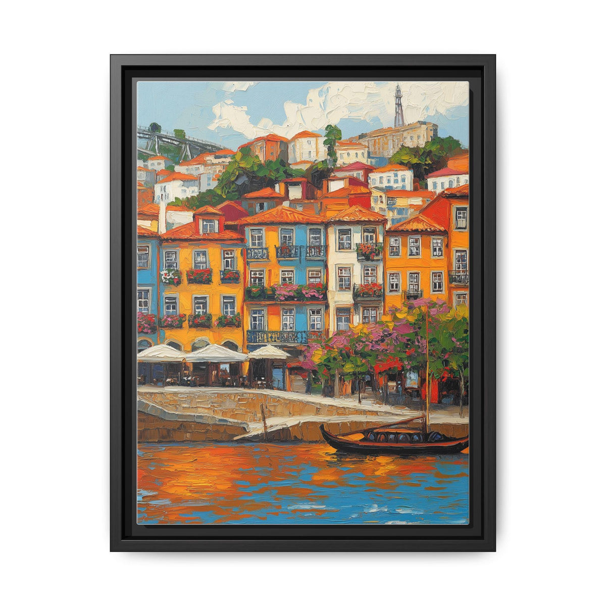 Porto wall art framed canvas print in a black wood frame