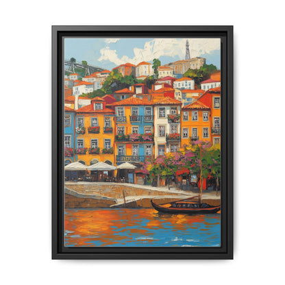 Porto wall art framed canvas print in a black wood frame