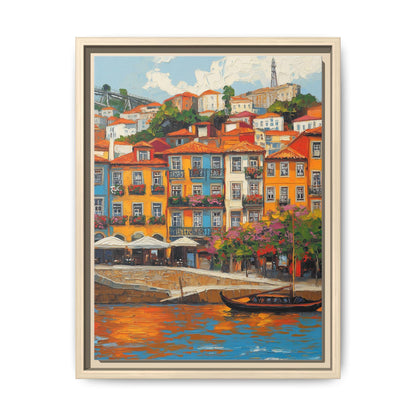 Porto wall art framed canvas print in a natural wood frame