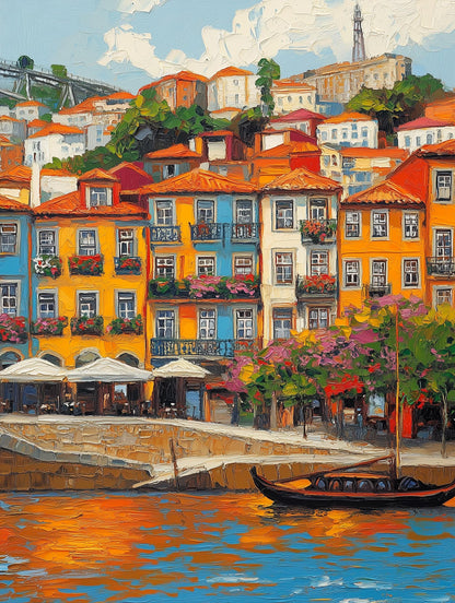 Painterly Porto canvas print with the waterfront lit at golden hour