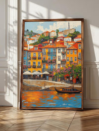 Porto wall art: Ribeira's stacked houses glowing above the Douro river