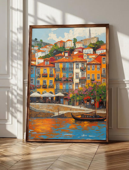 Porto wall art: Ribeira's stacked houses glowing above the Douro river