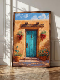 Santa Fe wall art: a turquoise adobe door hung with dried red chili ristras
