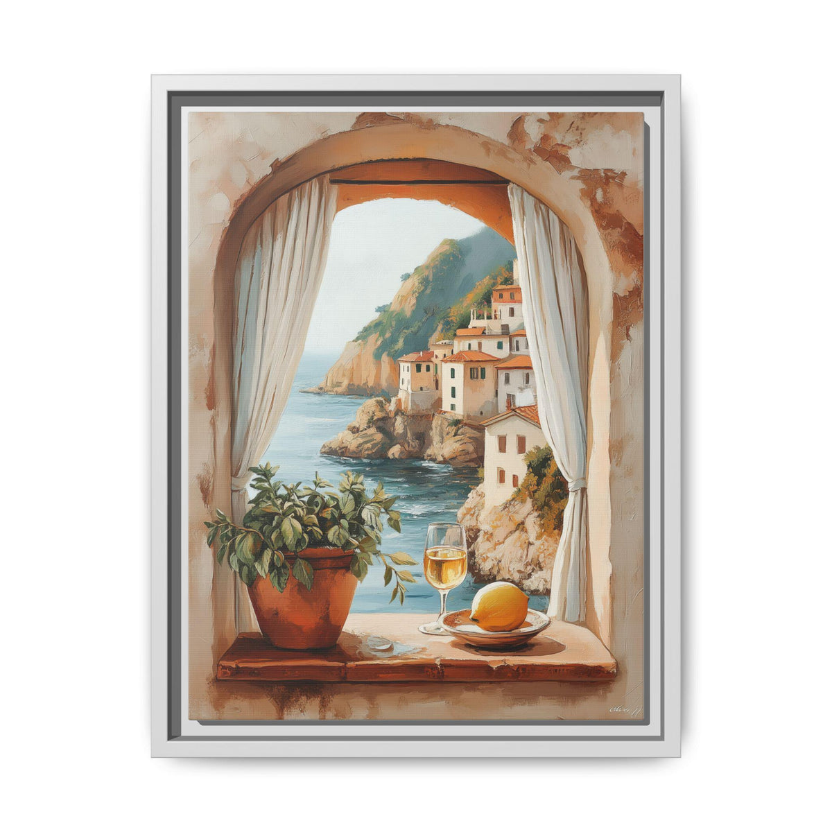 Amalfi Coast wall art framed canvas print in a white wood frame