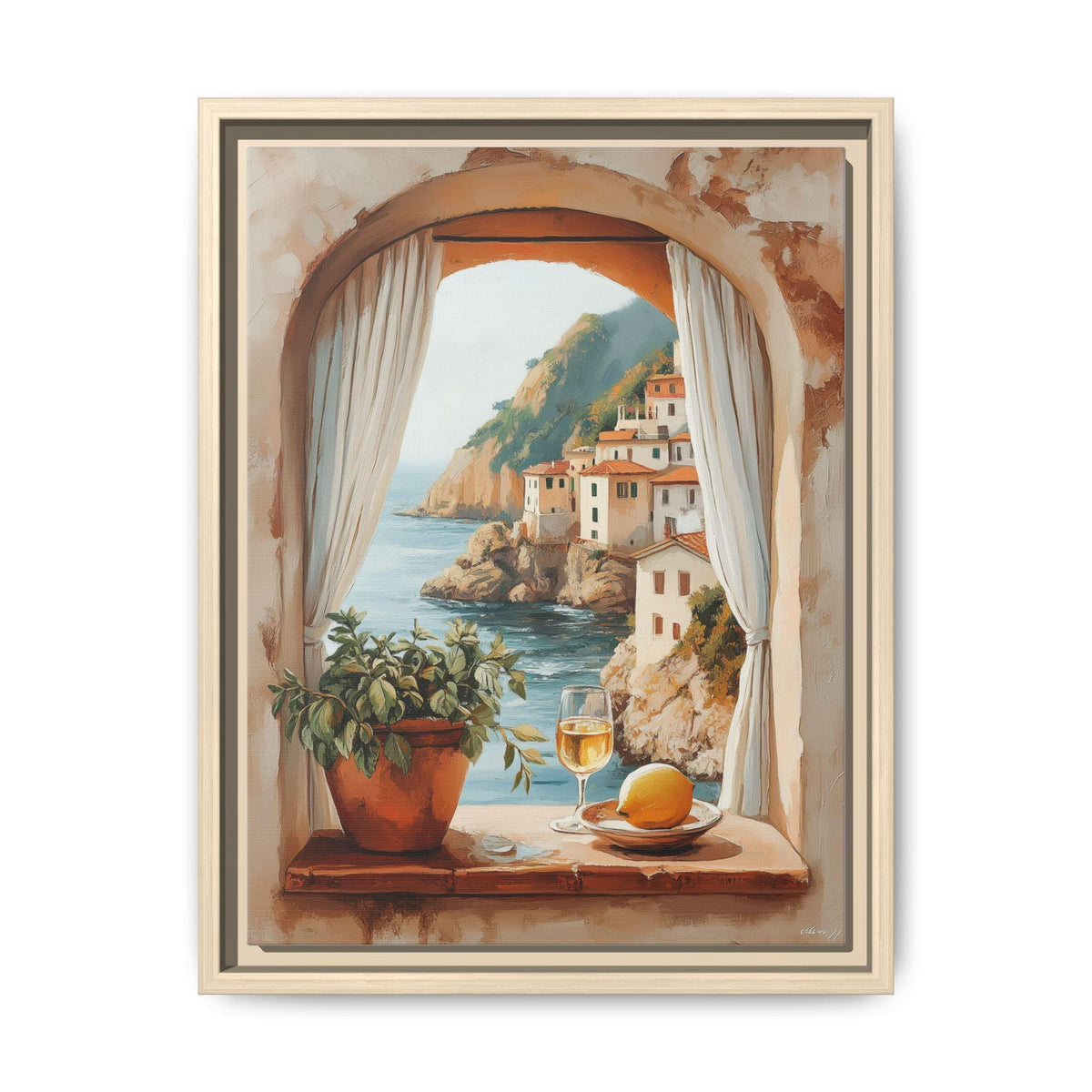 Amalfi Coast wall art framed canvas print in a natural wood frame