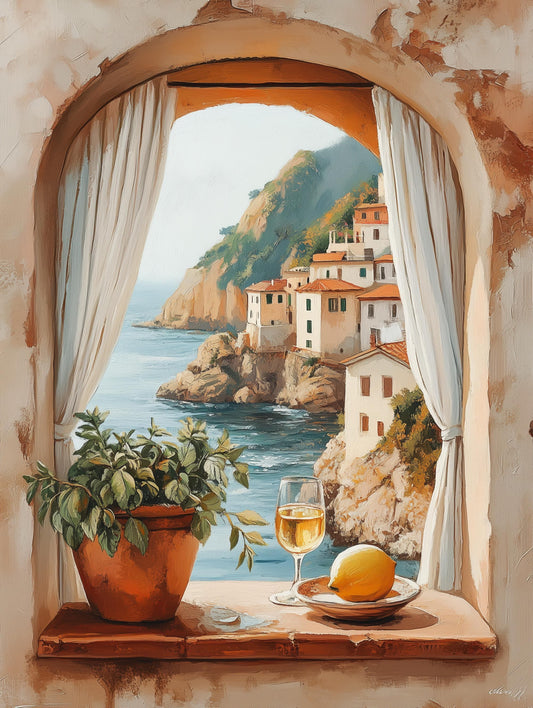 Painterly Italian window canvas print with a half-poured glass of white wine on the sill