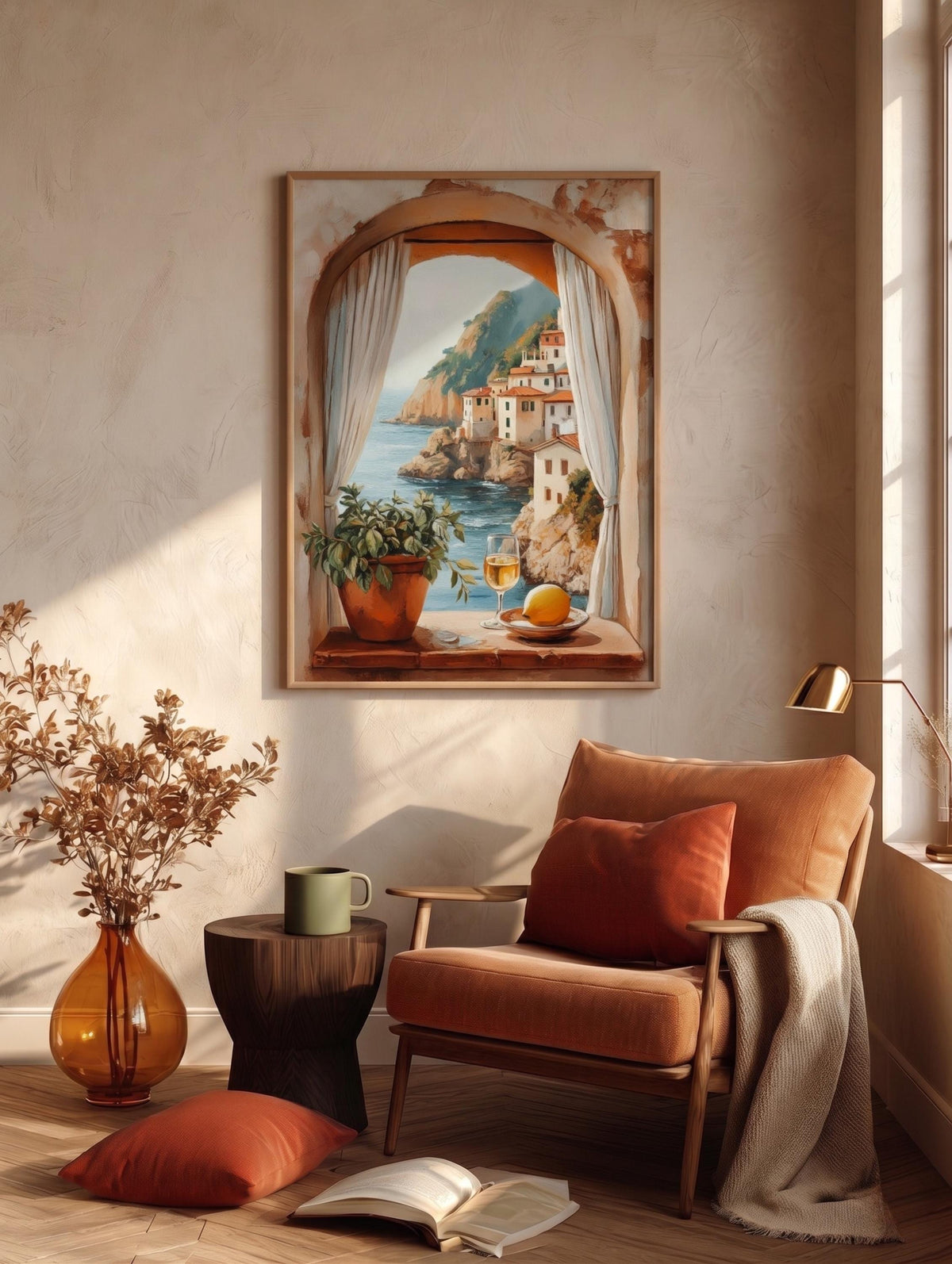 Arched window framed canvas art set in a solid wood frame, ready to hang