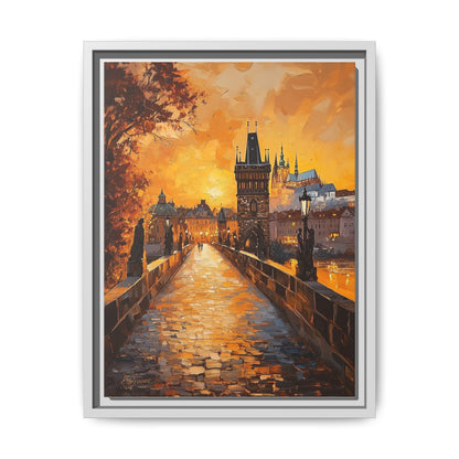 Prague wall art framed canvas print in a white wood frame