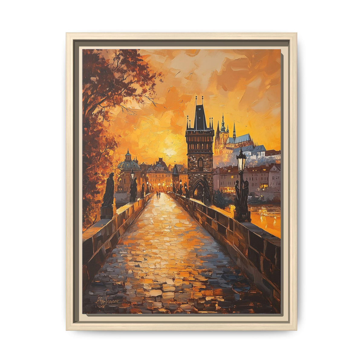 Prague wall art framed canvas print in a natural wood frame