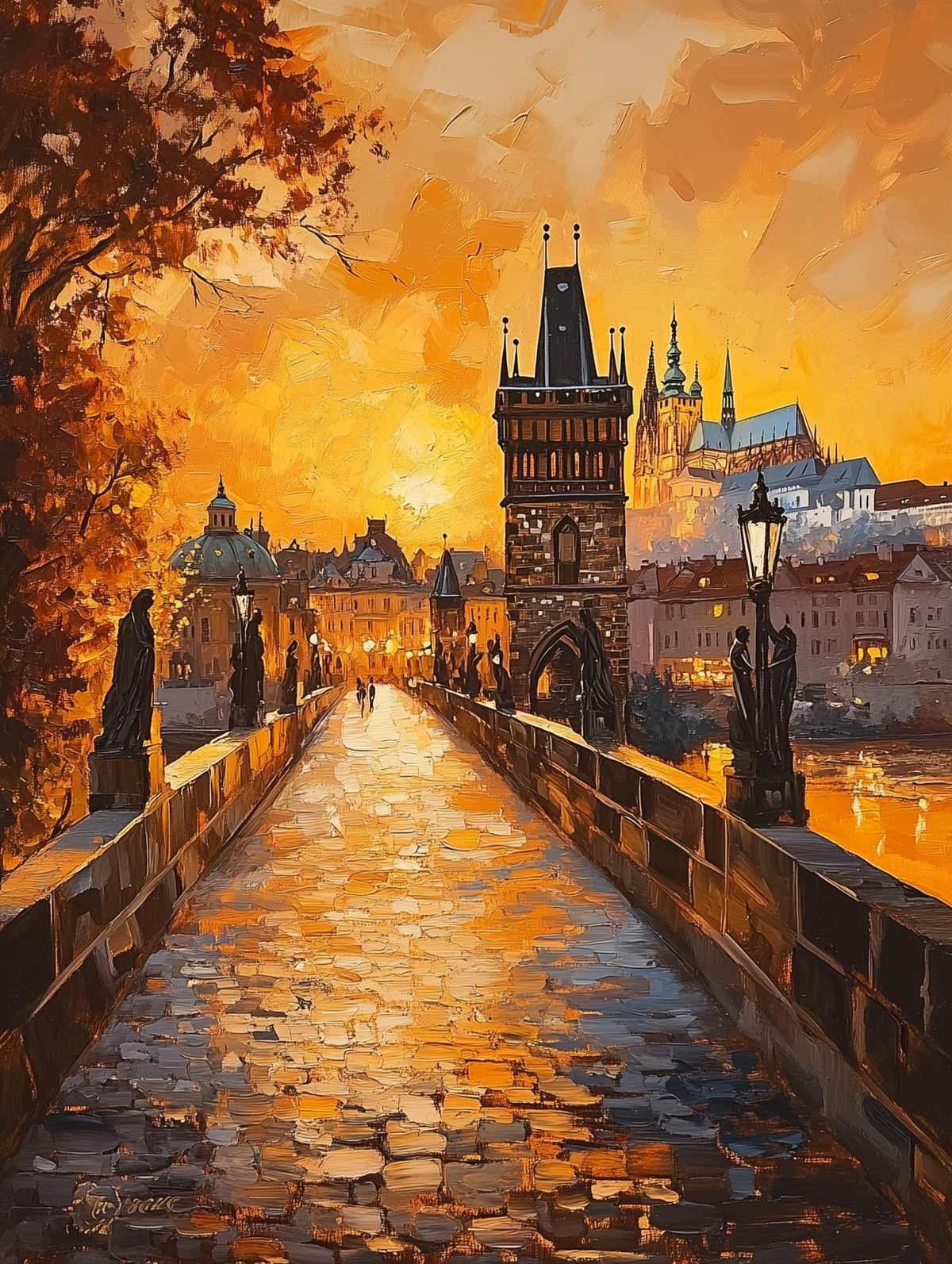 Painterly Prague canvas print with cobbles catching the low river light