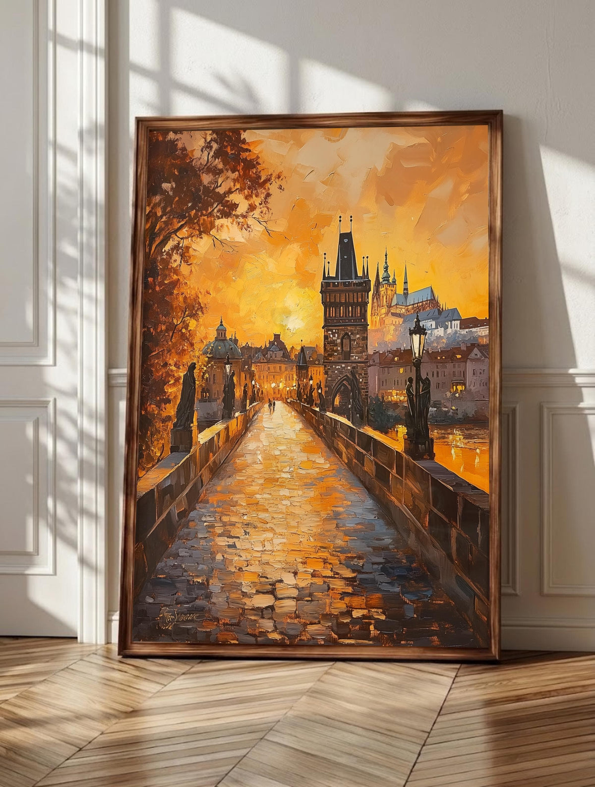 Prague wall art: Charles Bridge at golden hour with its watchful stone statues