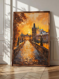 Prague wall art: Charles Bridge at golden hour with its watchful stone statues