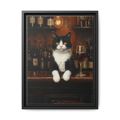 Tuxedo Cat wall art framed canvas print in a black wood frame