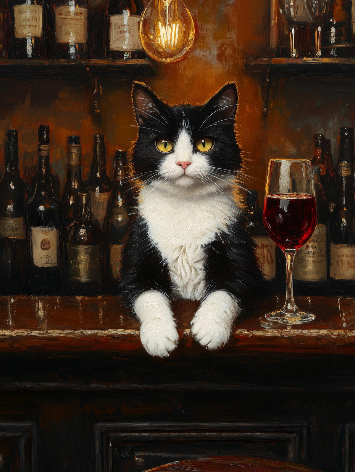 Painterly tuxedo cat canvas print in deep espresso and ruby tones