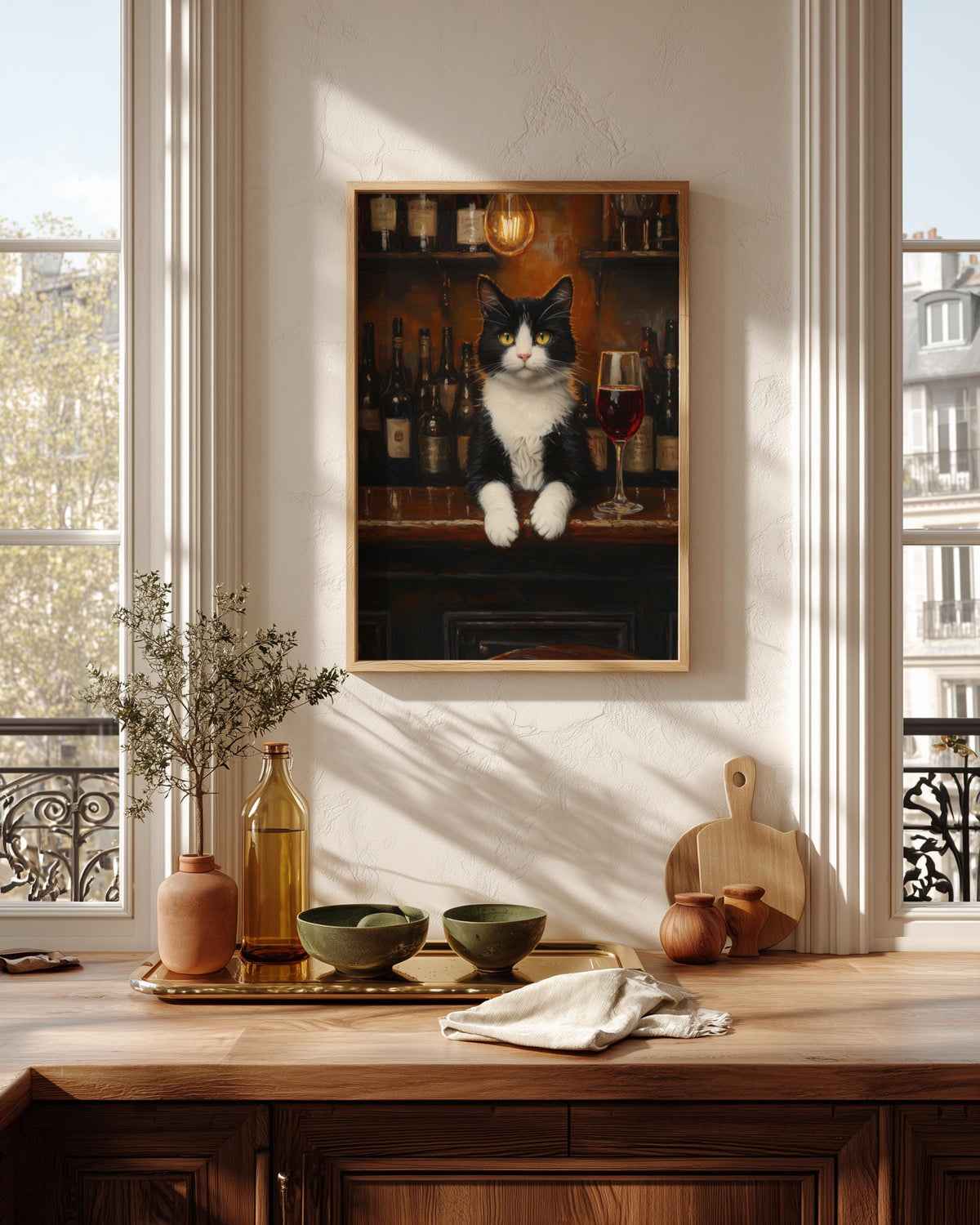 Cat framed canvas hand-framed in solid wood, ready to hang out of the box