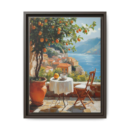 Amalfi Coast wall art framed canvas print in an espresso wood frame