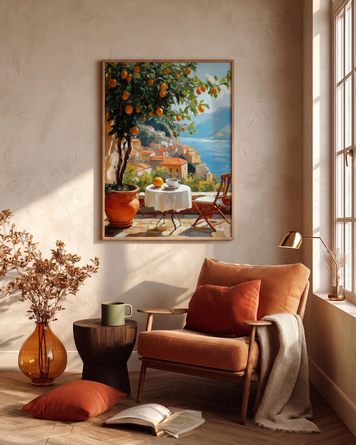 Coastal Italy scene in lemon yellow and sea blue, made to order framed canvas