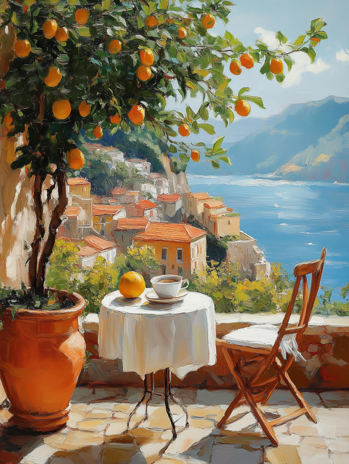 Impressionist Italian terrace painting with a lemon tree overhead, oil-painting style