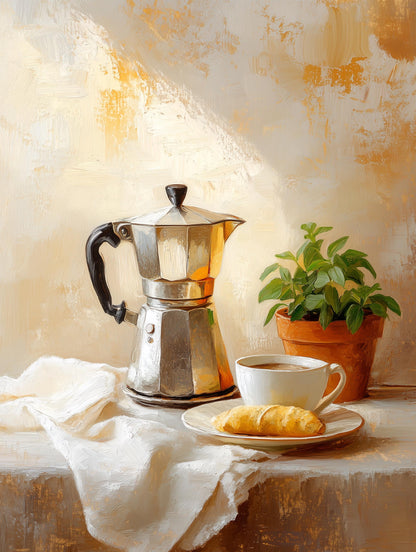Painterly Italian coffee still life on a sunlit counter, oil-painting style