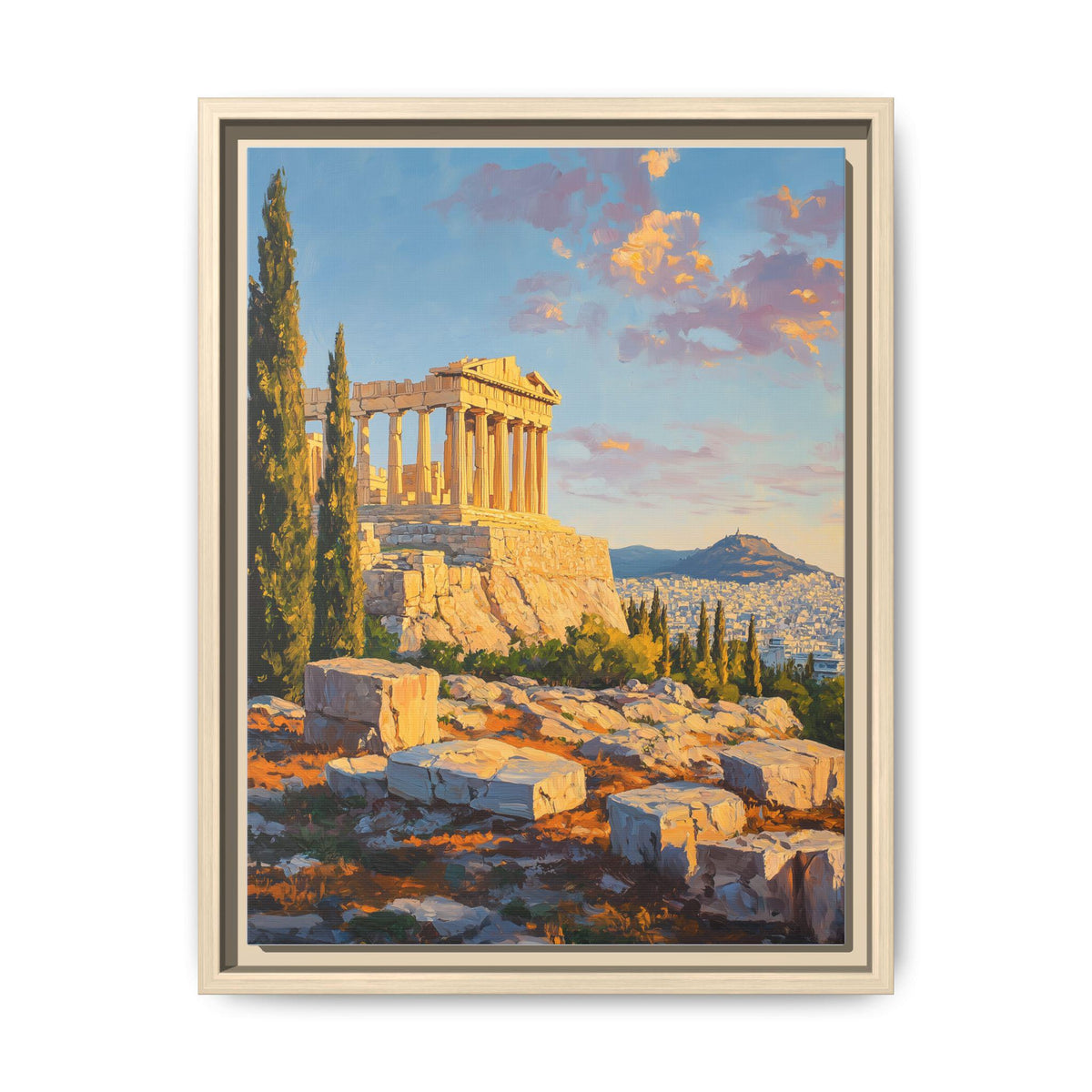 Acropolis wall art framed canvas print in a natural wood frame