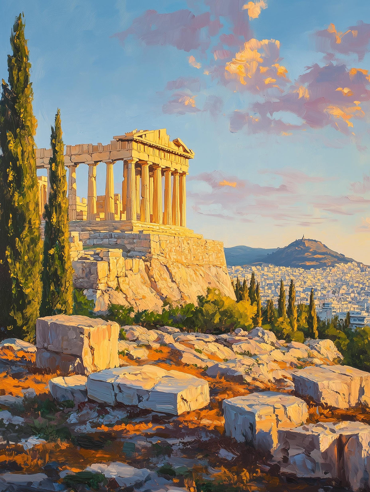 Painterly Acropolis canvas print with a lone cypress beside the ancient marble ruins