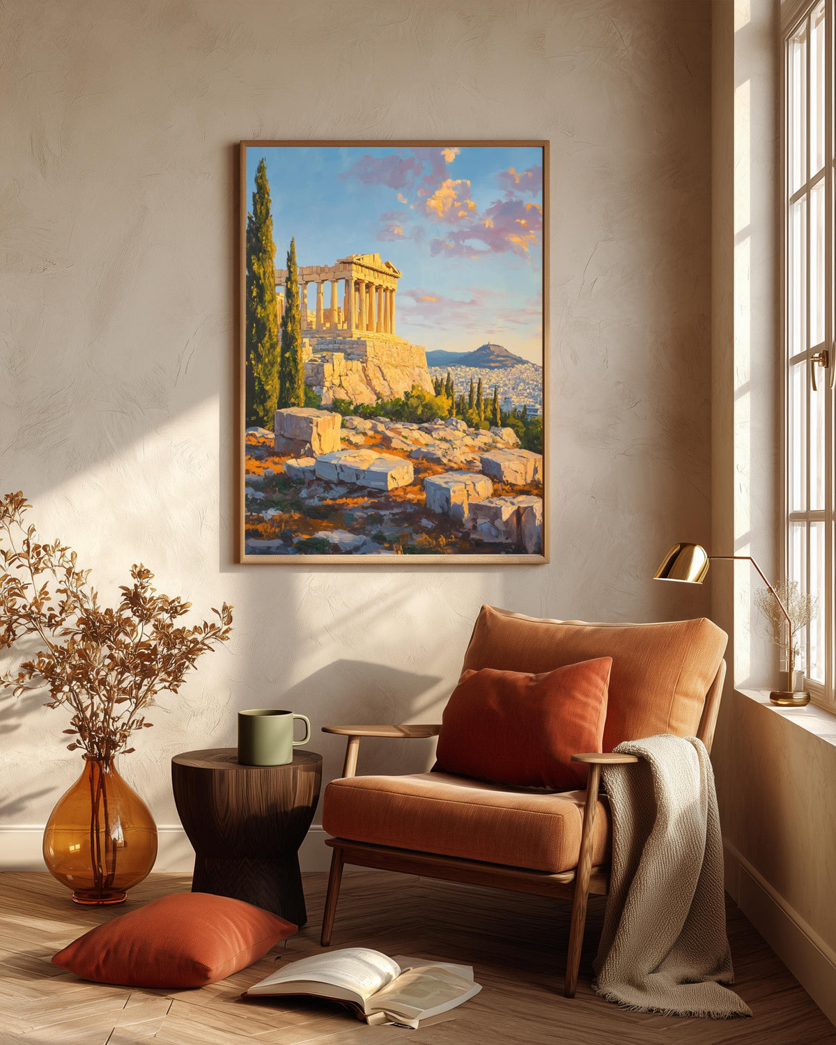 Athens Parthenon framed canvas art set in a solid wood frame, ready to hang