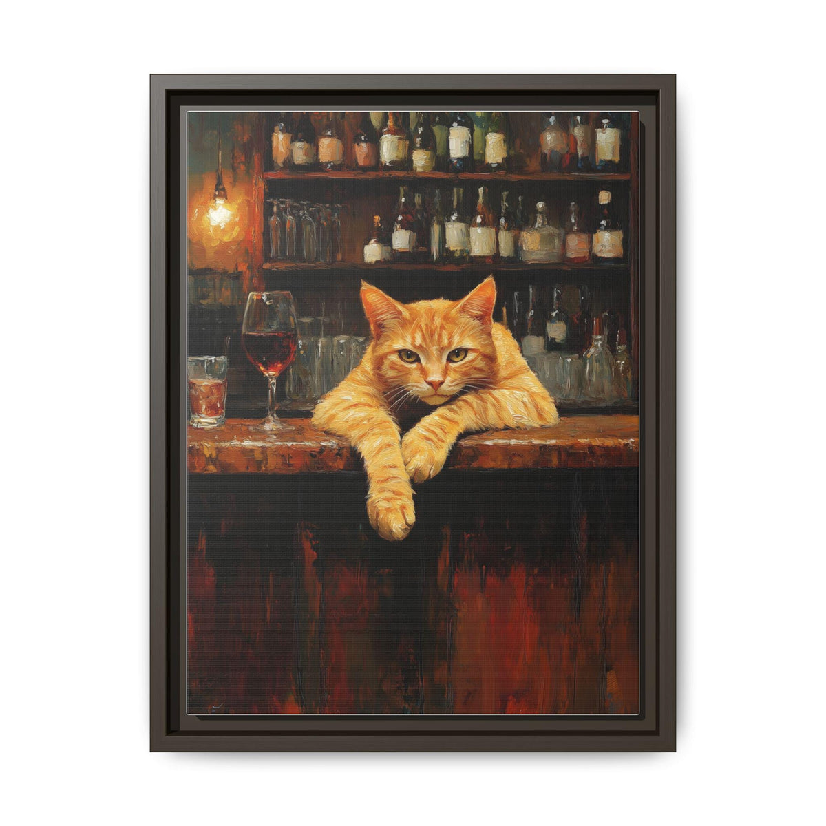 Orange Tabby Cat wall art framed canvas print in an espresso wood frame