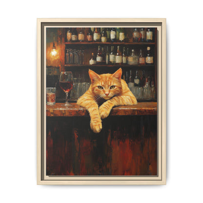 Orange Tabby Cat wall art framed canvas print in a natural wood frame