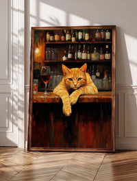 Orange tabby cat wall art: a ginger cat leaning on a walnut bar beside red wine