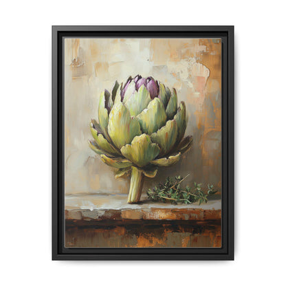 Artichoke wall art framed canvas print in a black wood frame