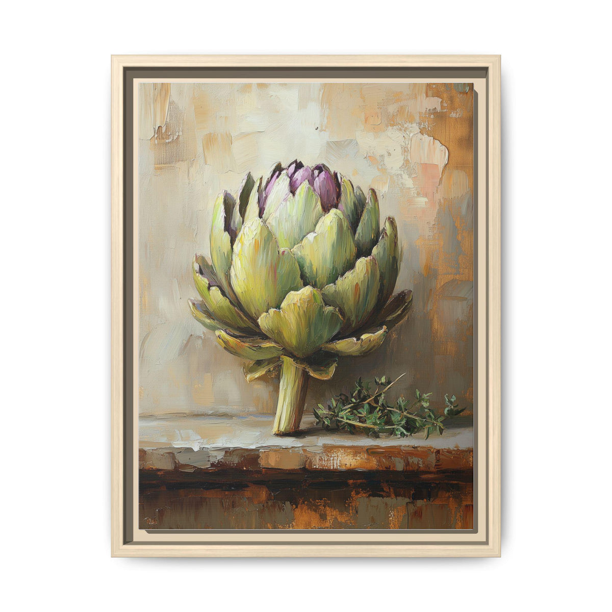Artichoke wall art framed canvas print in a natural wood frame