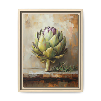 Artichoke wall art framed canvas print in a natural wood frame