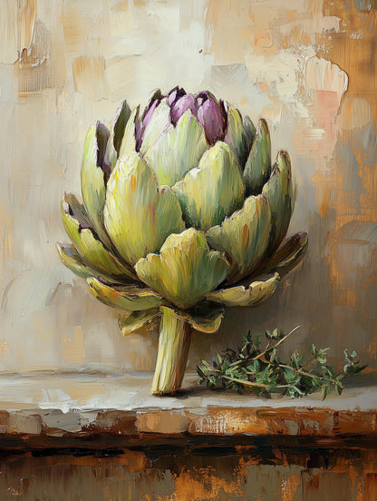 Painterly artichoke canvas print with a sprig of thyme resting at its base