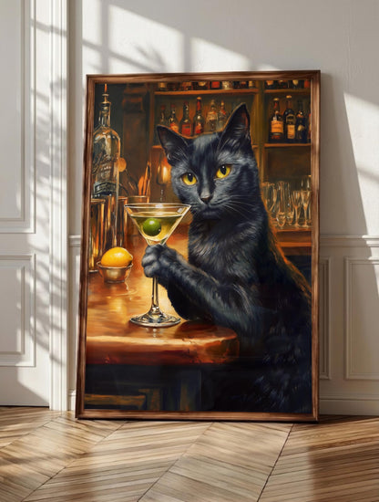 Martini wall art: a black cat holding court at the bar with a cocktail, framed canvas print