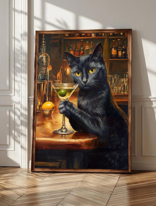 Martini wall art: a black cat holding court at the bar with a cocktail, framed canvas print