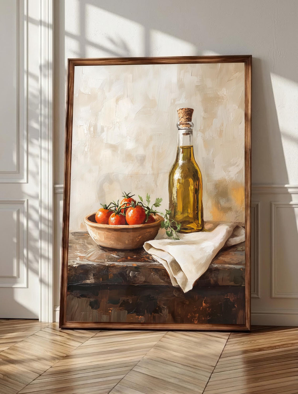 Olive oil wall art: a corked bottle with cherry tomatoes and fresh herbs, framed canvas print