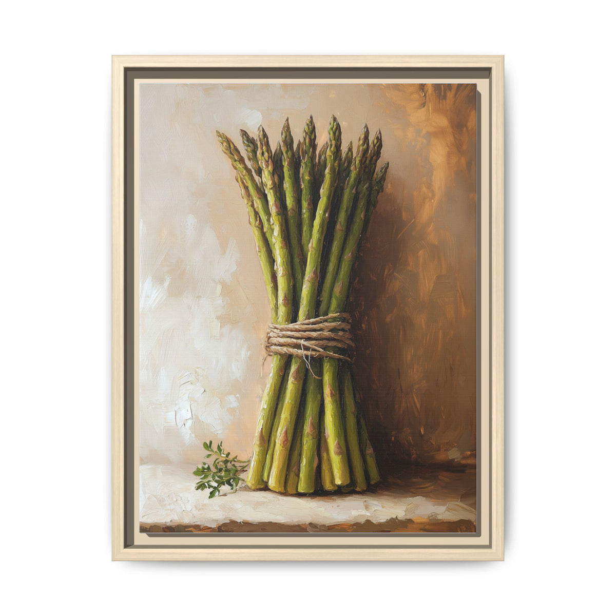 Asparagus wall art framed canvas print in a natural wood frame