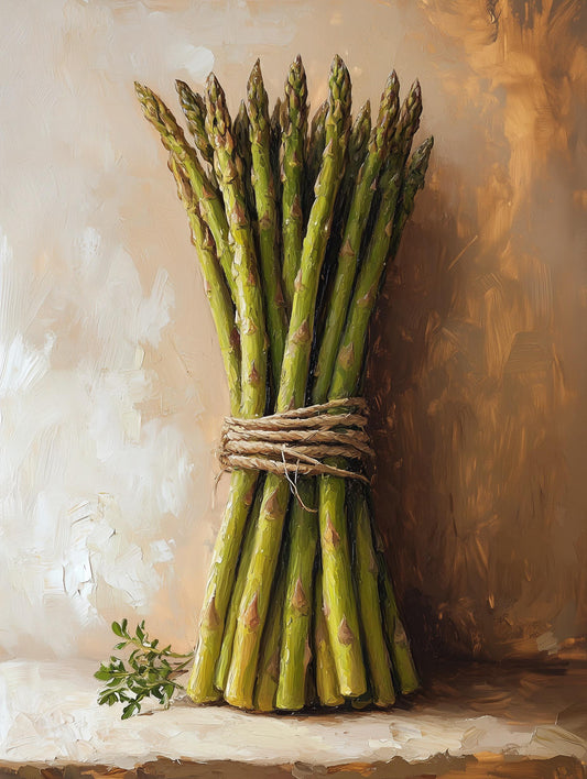 Painterly asparagus canvas print with a sprig of thyme laid beside the spears