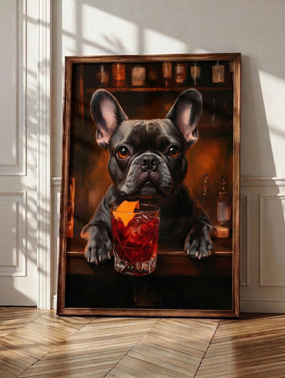 French Bulldog wall art: a dark brindle frenchie holding the bar beside a negroni