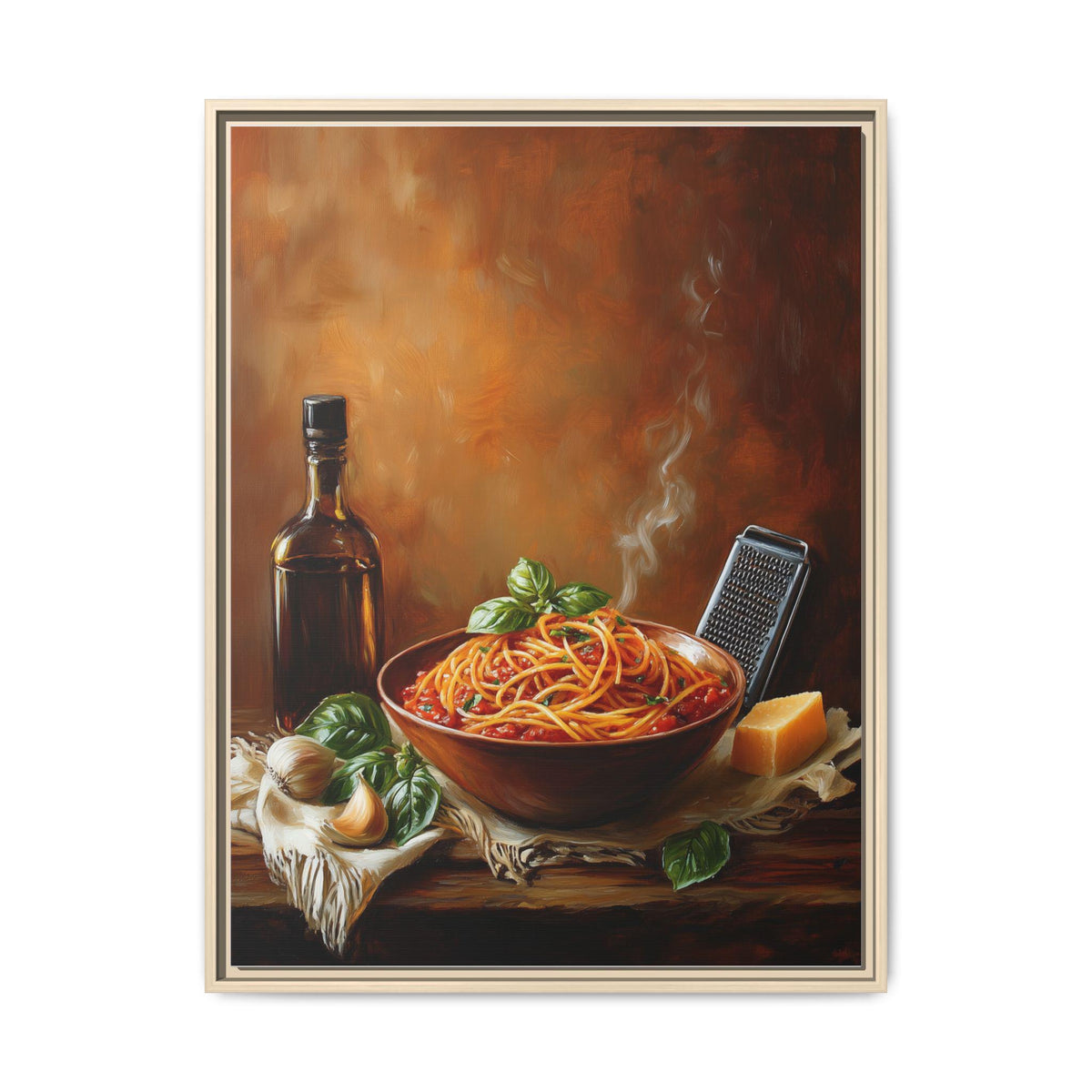 Pasta wall art framed canvas print in a natural wood frame