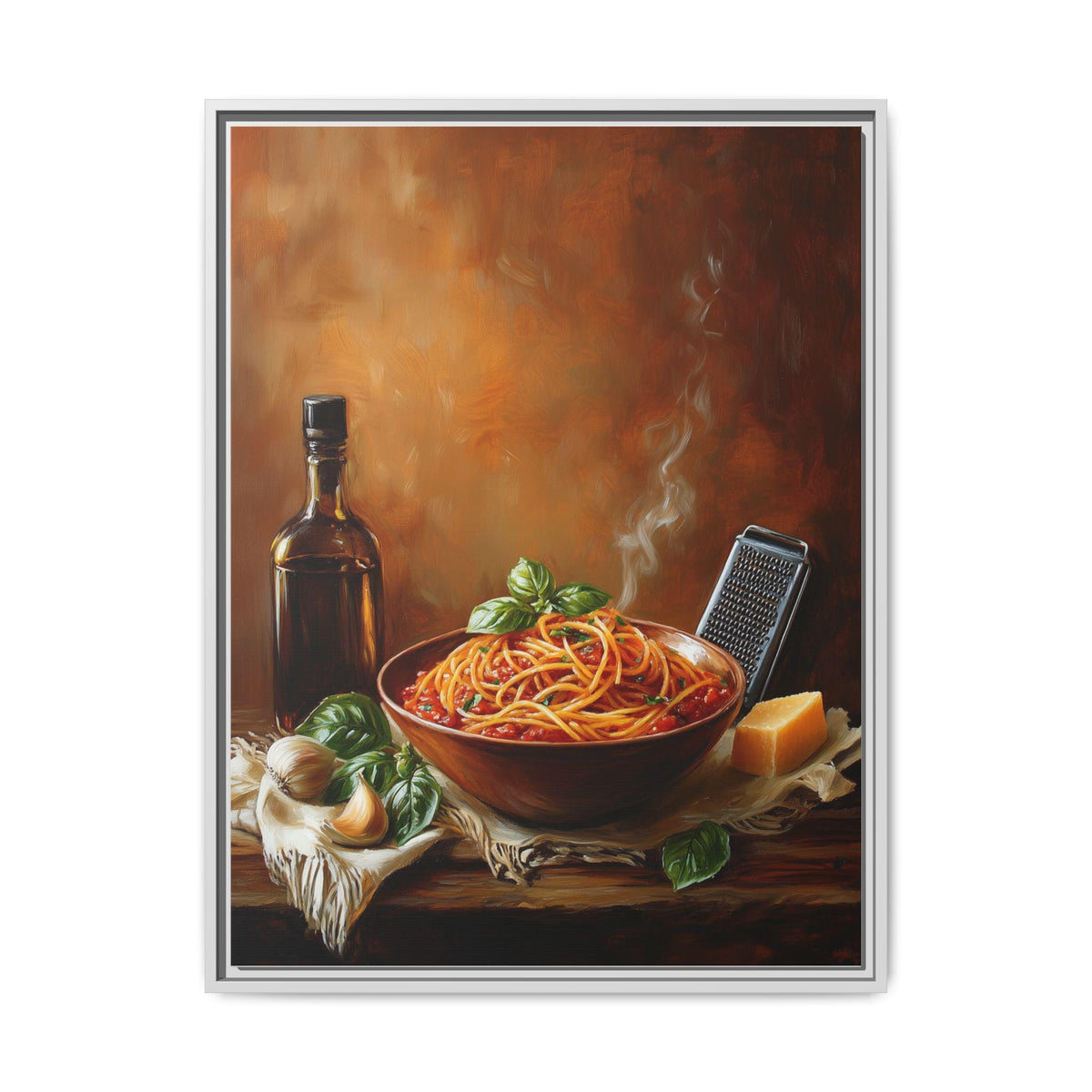 Pasta wall art framed canvas print in a white wood frame