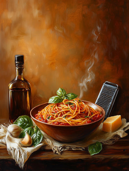 Warm painterly Italian kitchen still life in tomato red and basil green