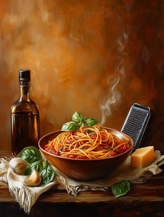 Warm painterly Italian kitchen still life in tomato red and basil green