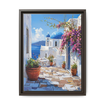 Santorini wall art framed canvas print in an espresso wood frame