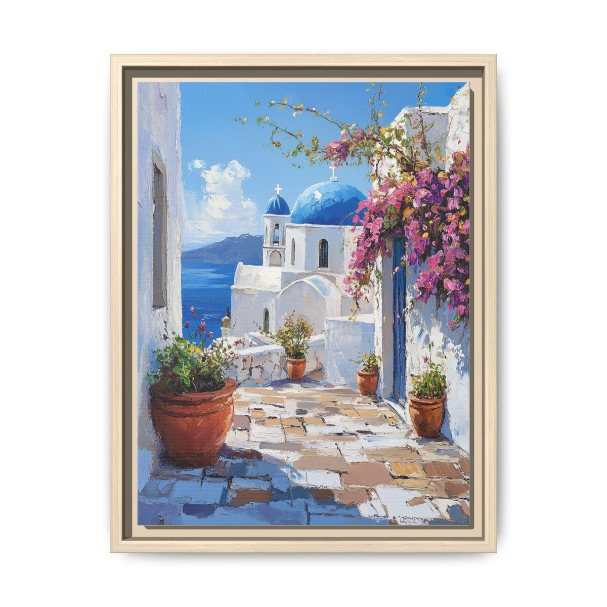 Santorini wall art framed canvas print in a natural wood frame