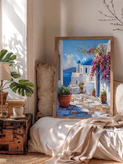Greek cliffside canvas print hand-framed in solid wood, ready to hang