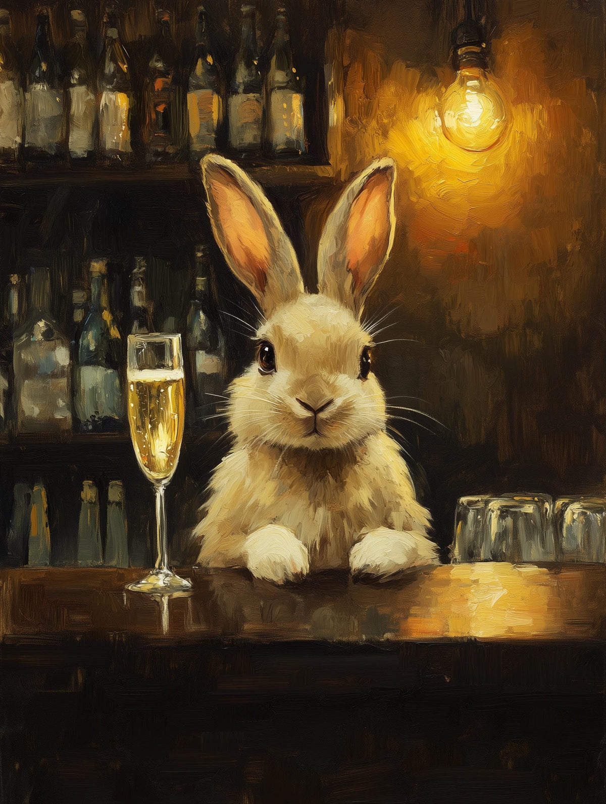 Painterly rabbit canvas print with a crystal coupe of champagne on the bar
