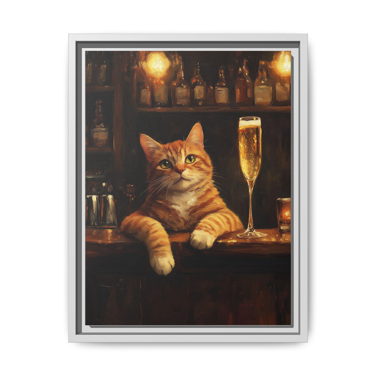 Ginger Cat wall art framed canvas print in a white wood frame